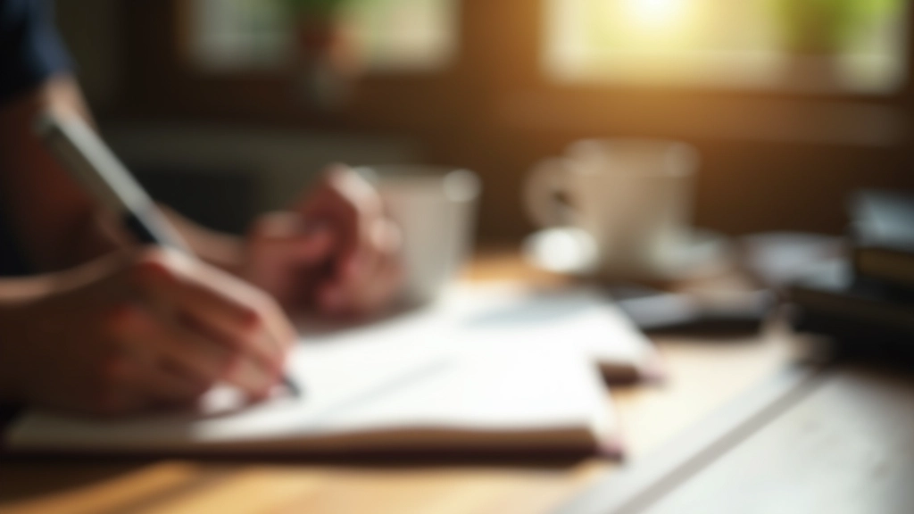 Hands writing in an open journal on a wooden table with coffee cup, morning light, minimalist workspace