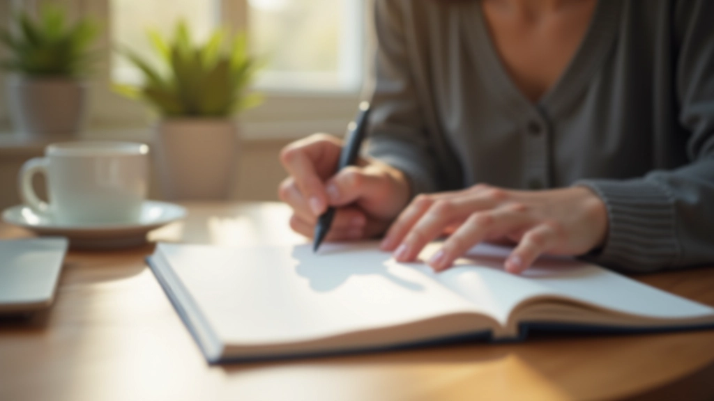Hands holding a pen, writing down thoughts in a notebook on a light wooden table, morning natural light