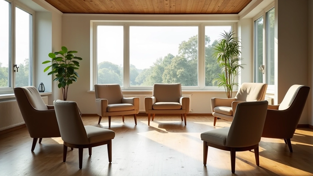 Peaceful workshop space with natural light, comfortable seating arranged in circle, calm environment for personal reflection