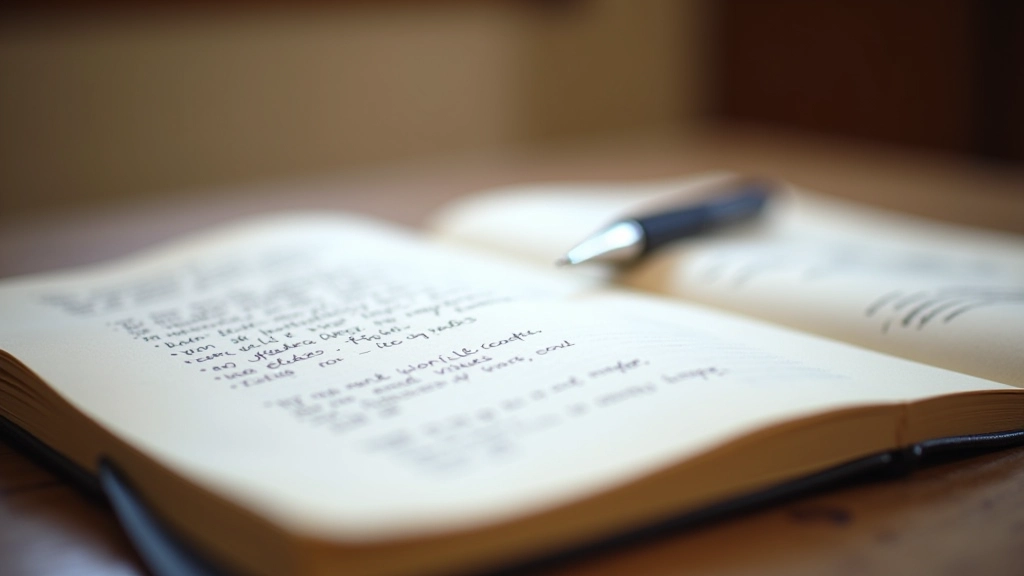 Open journal with handwritten notes and reflections, pen resting on the page, warm indoor lighting