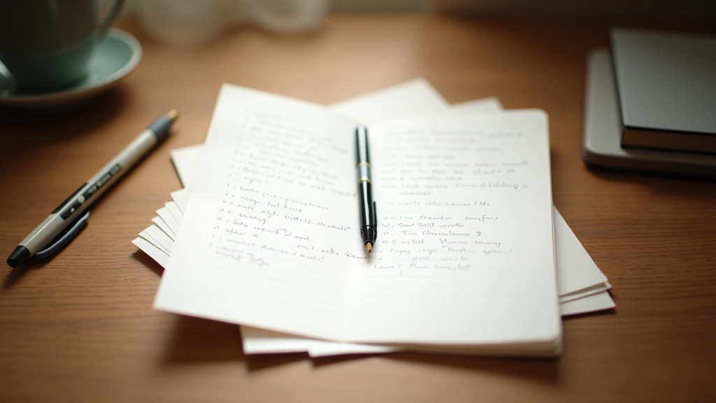 Notebook open with handwritten notes and a pen on a wooden desk, soft natural lighting, minimalist workspace