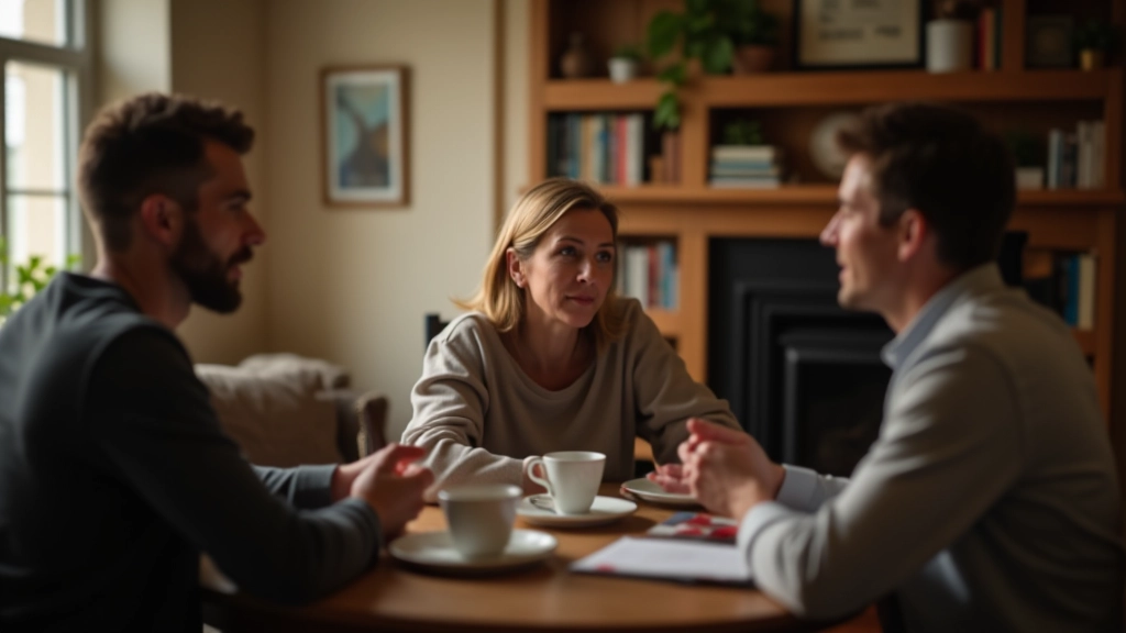Two people having a conversation at a coffee table, both seated, natural warm lighting, engaged discussion in home setting