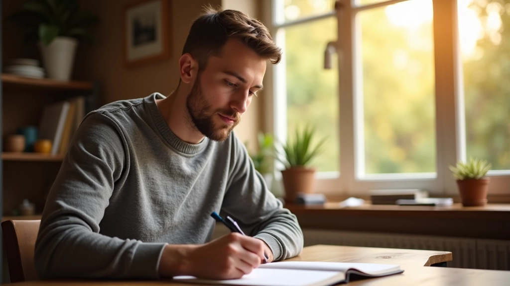 Person writing reflections in journal at wooden desk with warm sunlight, peaceful thinking space