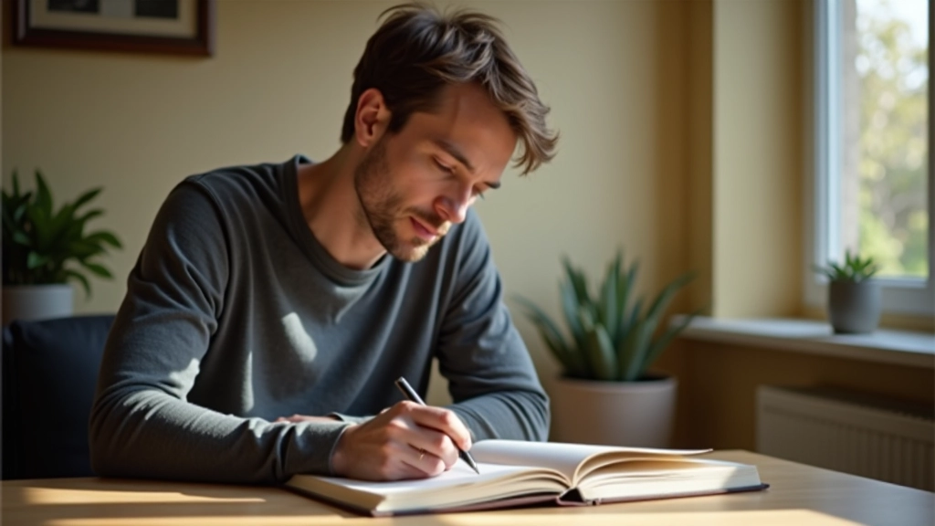Person writing in journal at coffee table, peaceful home environment, sunlight streaming through window, reflective moment