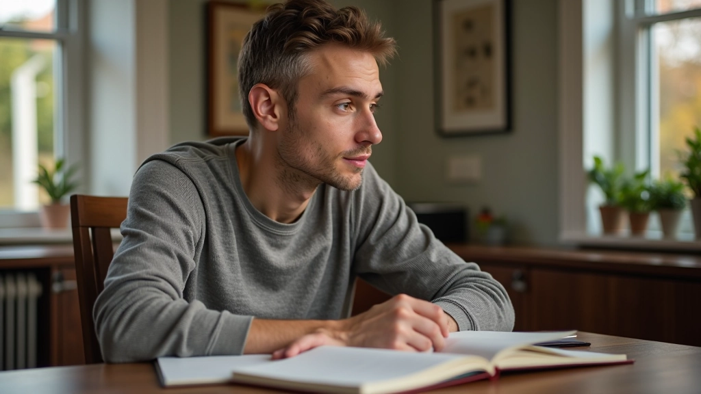 Person sitting at a wooden desk, reviewing notes and journal entries, soft natural lighting, focused expression