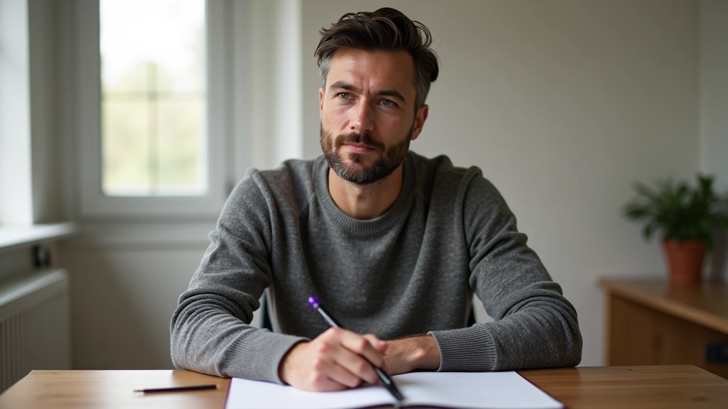 Person sitting at wooden desk with notebook and pen, thoughtful expression, natural window lighting, minimalist workspace