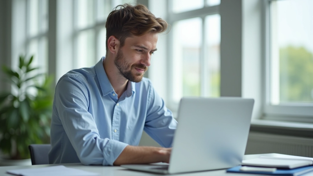 Person working at a laptop in a modern office with natural light from a window, focused on screen, professional setting