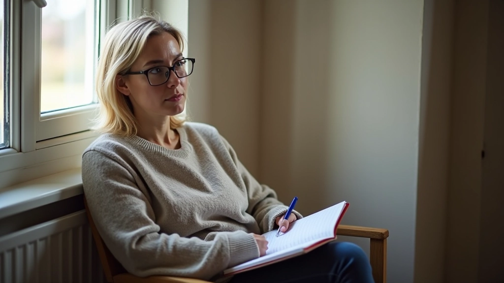 Person sitting thoughtfully by a window with notebook and pen, natural light streaming in, peaceful indoor setting