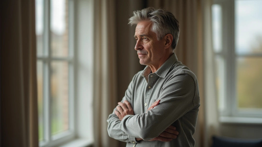 Person standing in a modern room, looking out a window with thoughtful expression, natural morning light streaming in