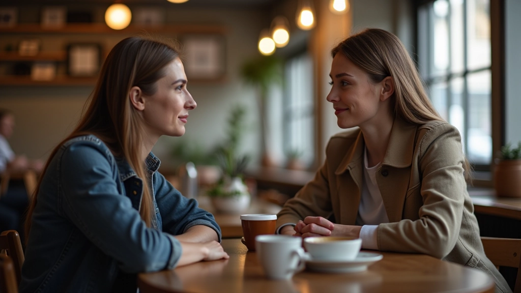 Two people in conversation at coffee shop, engaged discussion, natural lighting, warm atmosphere