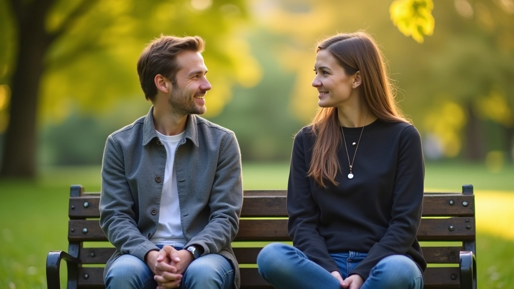 Two people sitting on bench in park, having a conversation, relaxed body language, outdoor natural setting, morning light