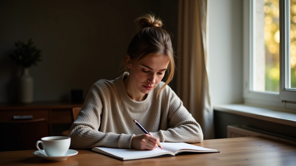 Woman writing in journal at wooden table with coffee and plants nearby, warm natural lighting, focused expression